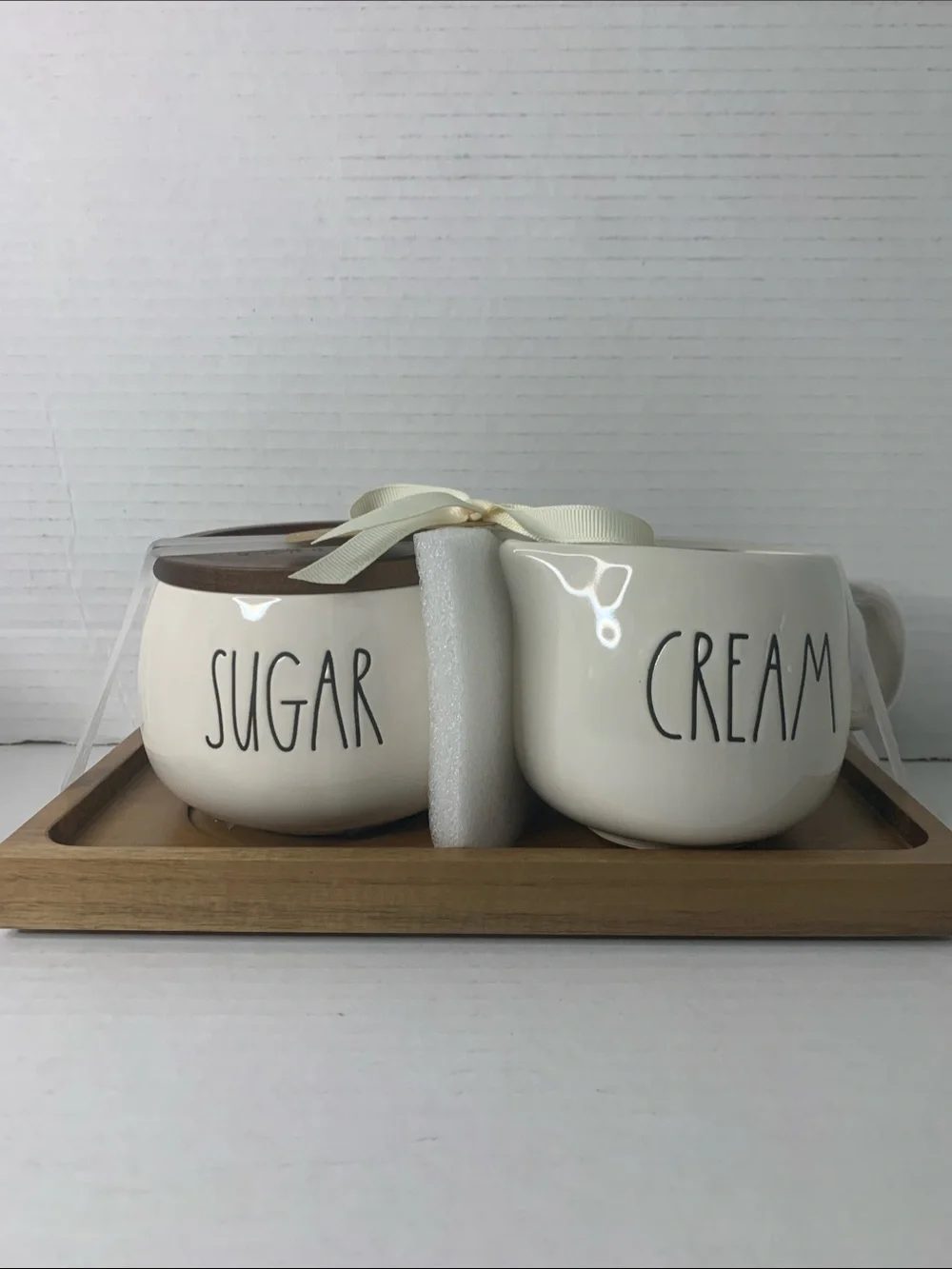 Rae Dunn Cream & Sugar Set in White with Wood Lid